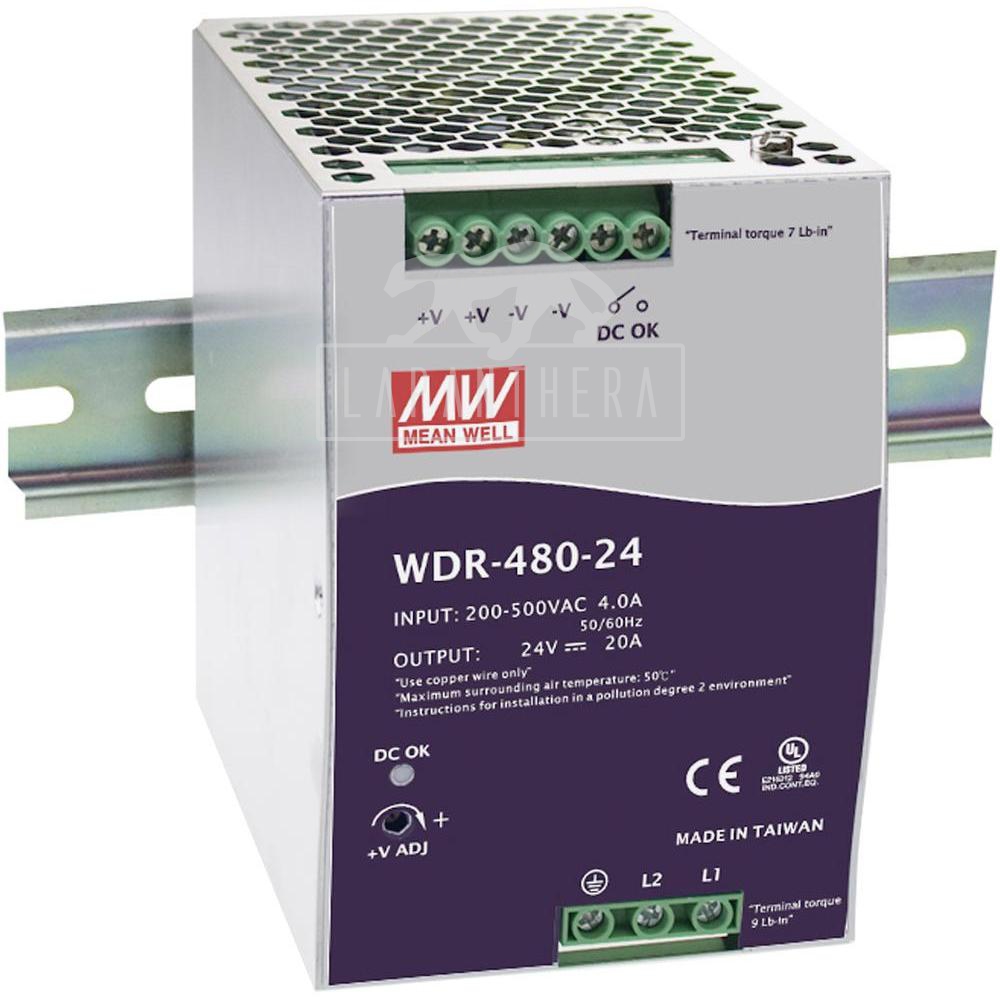 Mean Well WDR-480-24 ~ DIN Rail Mounting Power Supply; 480W; 24VDC