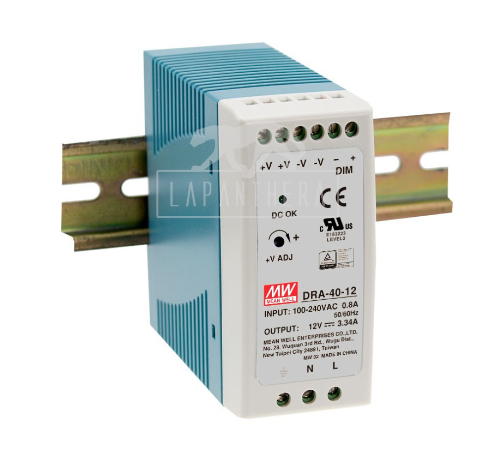 Mean Well DRA-40-12 ~ DIN Rail Mounting Power Supply; 40.08W; 12VDC